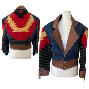 Western Fringe Denim Suede and Wool type Jacket no size tag fits a 6/8